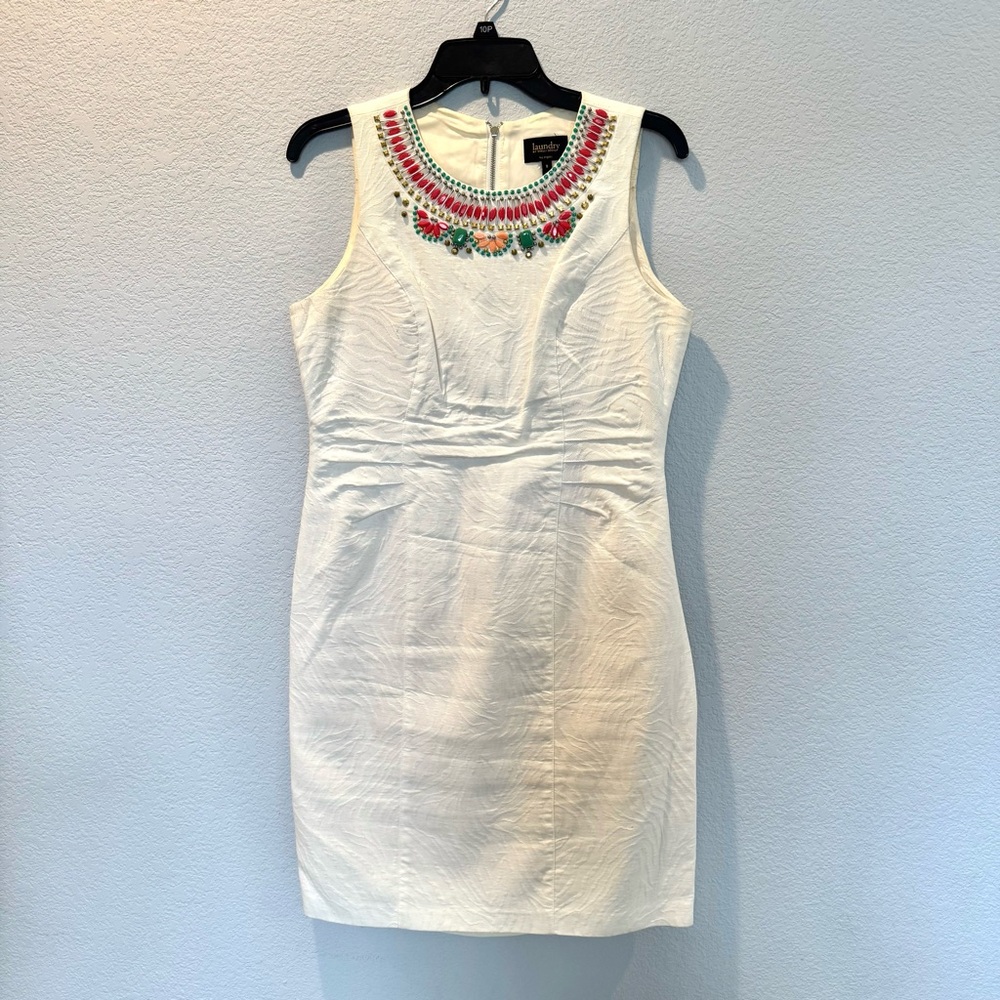 Beaded-Neck White Sleeveless Sheath Dress
